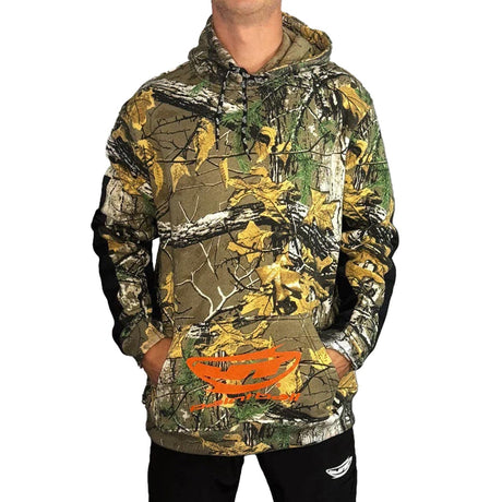JT Paintball Grind Playing Hoodie Branch Camo on a person on a white background