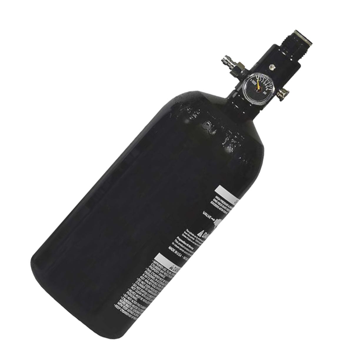 A black 3000psi compressed air tank cylinder with an attached black regulator and gauge, shown against a plain white background.