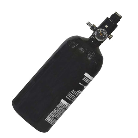 A black 3000psi compressed air tank cylinder with an attached black regulator and gauge, shown against a plain white background.