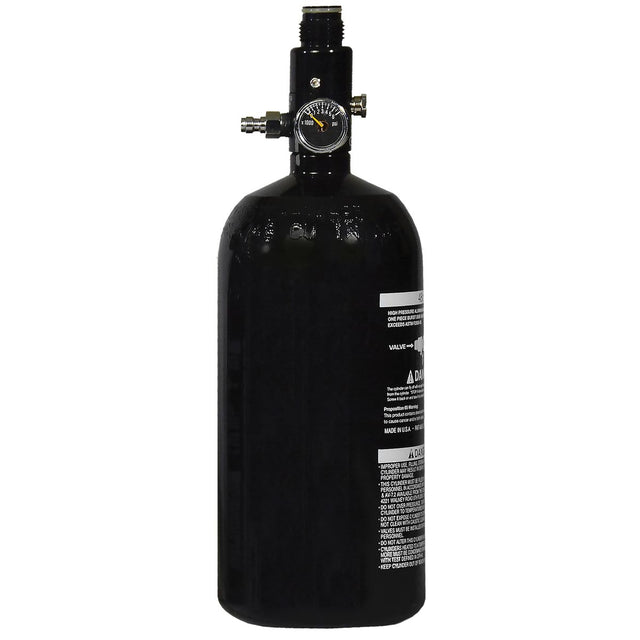 Black paintball 3000 psi air tank with pressure gauge on a white background