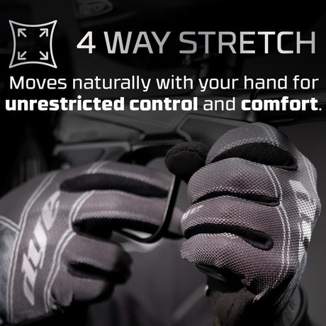 Dye FLX Glove Black Grey graphic explaining 4 way stretch
