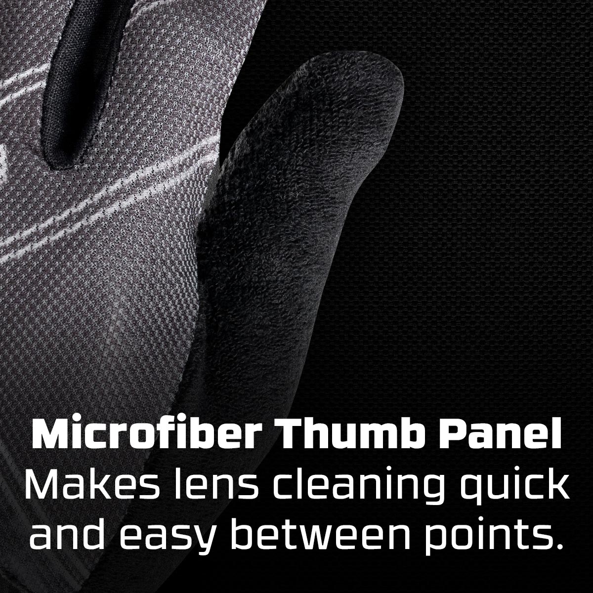 Dye FLX Glove Black Grey graphic explaining microfiber thumb panel