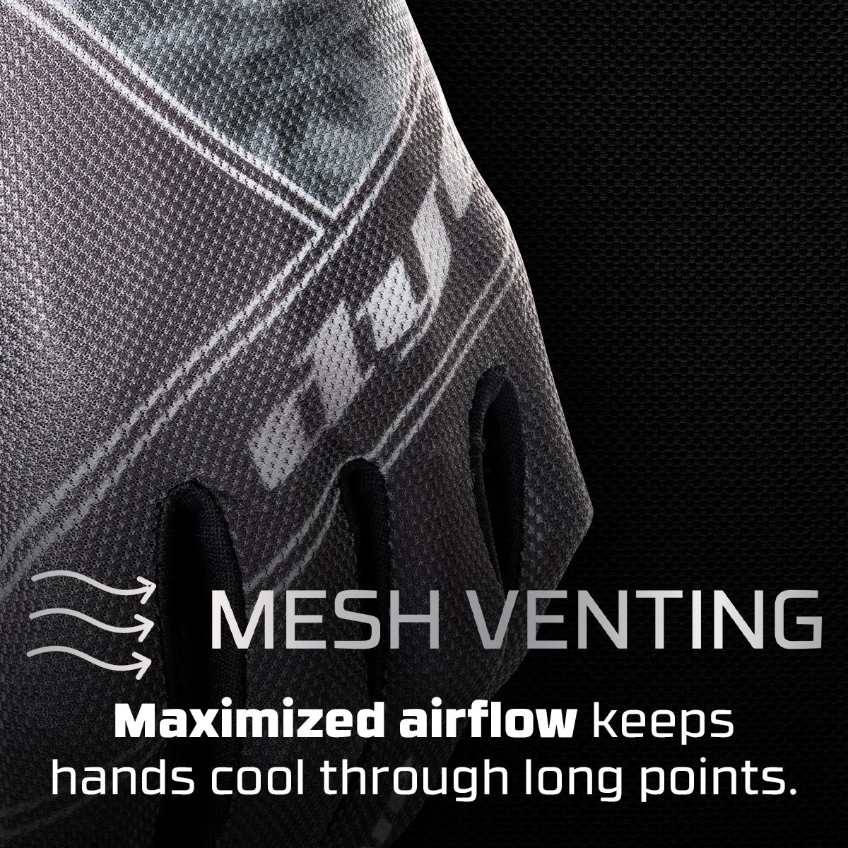 Dye FLX Glove Black Grey graphic explaining mesh venting