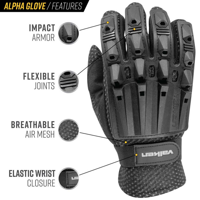 Valken Alpha Full Finger Plastic Back Gloves details chart