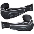 A pair of Exalt T3 Elbow Pads in black color, featuring tri-layer padding technology, moisture-wicking breathable liner, and anti-slip silicone weave on the bicep and thumb cuffs.