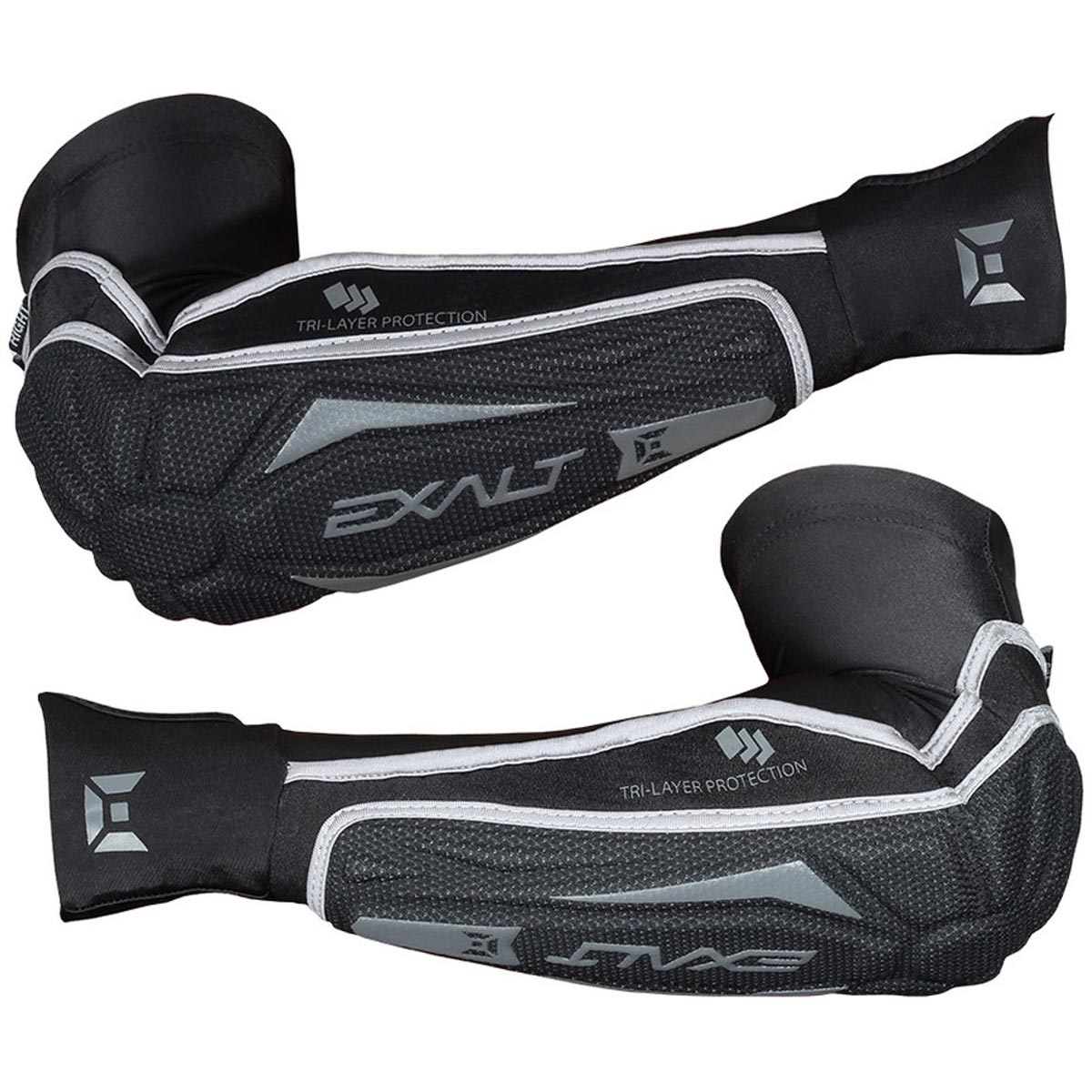 A pair of Exalt T3 Elbow Pads in black color, featuring tri-layer padding technology, moisture-wicking breathable liner, and anti-slip silicone weave on the bicep and thumb cuffs.