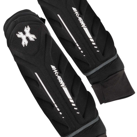 Outside of Black HK Army HSTL Elbow Pads protective arm sleeve with gray accents on a white background