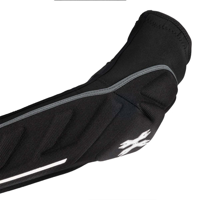Close up Black HK Army HSTL Elbow Pads protective arm sleeve with gray accents on a white background