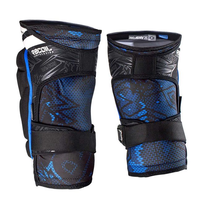 Back of Pair of black and blue HK Army Crash Knee Pads on a white background