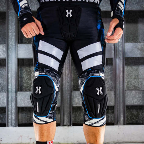 front view Pair of black and blue HK Army Crash Knee Pads on a player