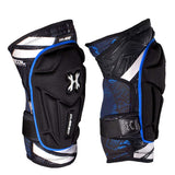side of Pair of black and blue HK Army Crash Knee Pads on a white background