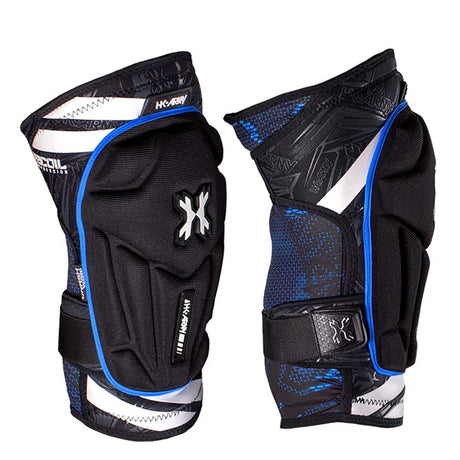 side of Pair of black and blue HK Army Crash Knee Pads on a white background
