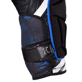 Close up black and blue HK Army Crash Knee Pad on a white background