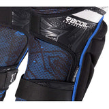 close up of graphics on Pair of black and blue HK Army Crash Knee Pads on a white background