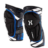 Pair of black and blue HK Army Crash Knee Pads on a white background