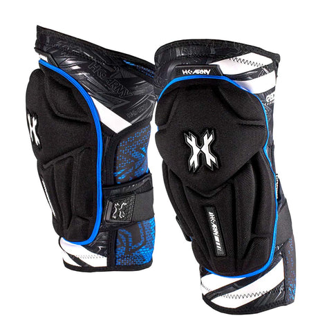 Pair of black and blue HK Army Crash Knee Pads on a white background