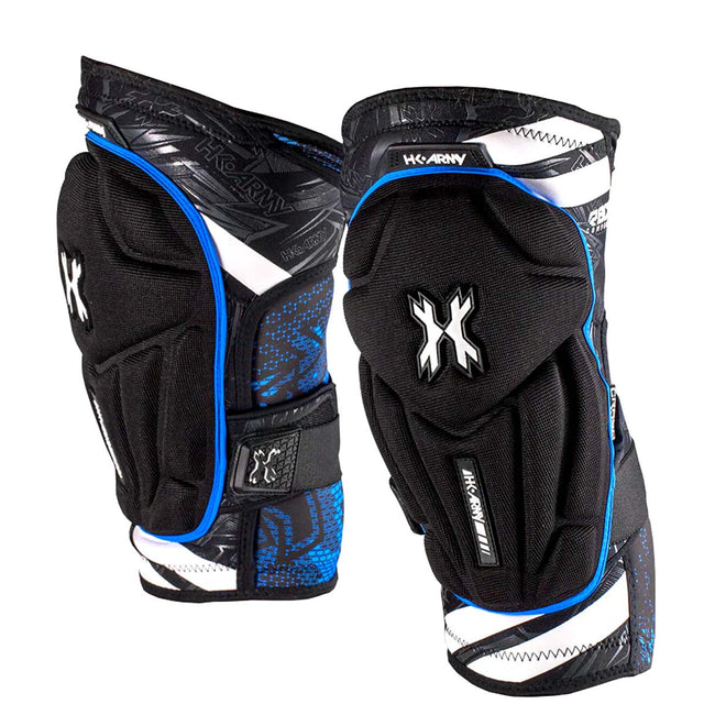 Pair of black and blue HK Army Crash Knee Pads on a white background