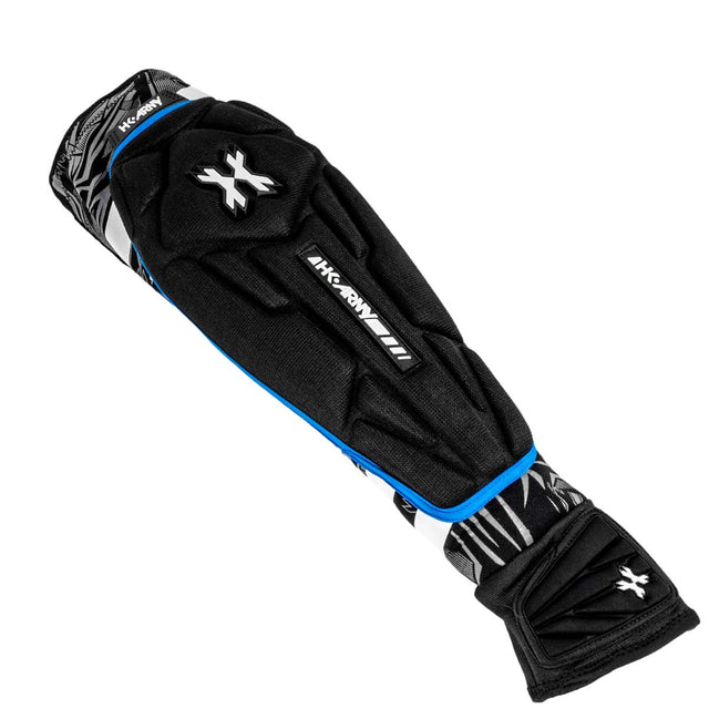 One single Black blue and white HK Army Crash Elbow Pad for paintball and other sports on a white background