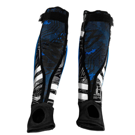 Inside of Black blue and white HK Army Crash Elbow Pads for paintball and other sports on a white background