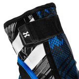 Velcro end of Black blue and white HK Army Crash Elbow Pads for paintball and other sports on a white background