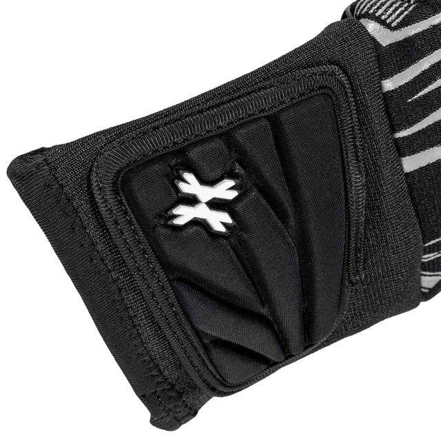 cuff of Black blue and white HK Army Crash Elbow Pads for paintball and other sports on a white background