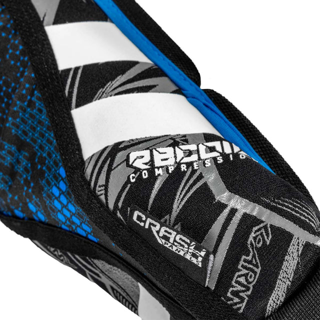 Inside elbow Black blue and white HK Army Crash Elbow Pads for paintball and other sports on a white background