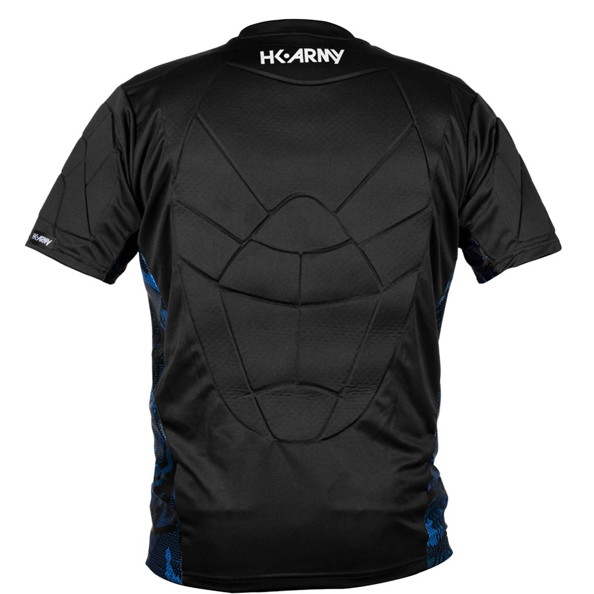 back of Black with blue and white accents HK Army Crash Chest Protector on a white background
