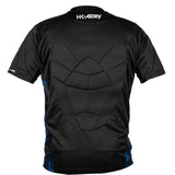 back of Black with blue and white accents HK Army Crash Chest Protector on a white background
