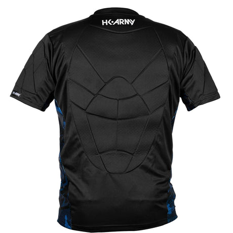 back of Black with blue and white accents HK Army Crash Chest Protector on a white background