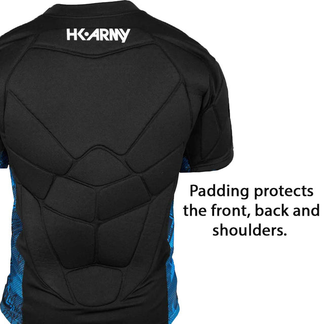 close up back Black with blue and white accents HK Army Crash Chest Protector on a white background
