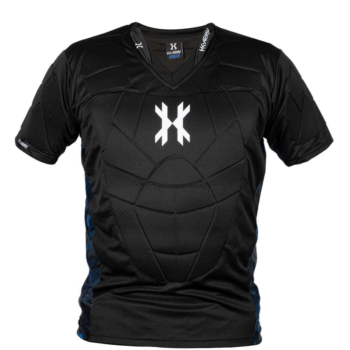Black with blue and white accents HK Army Crash Chest Protector on a white background
