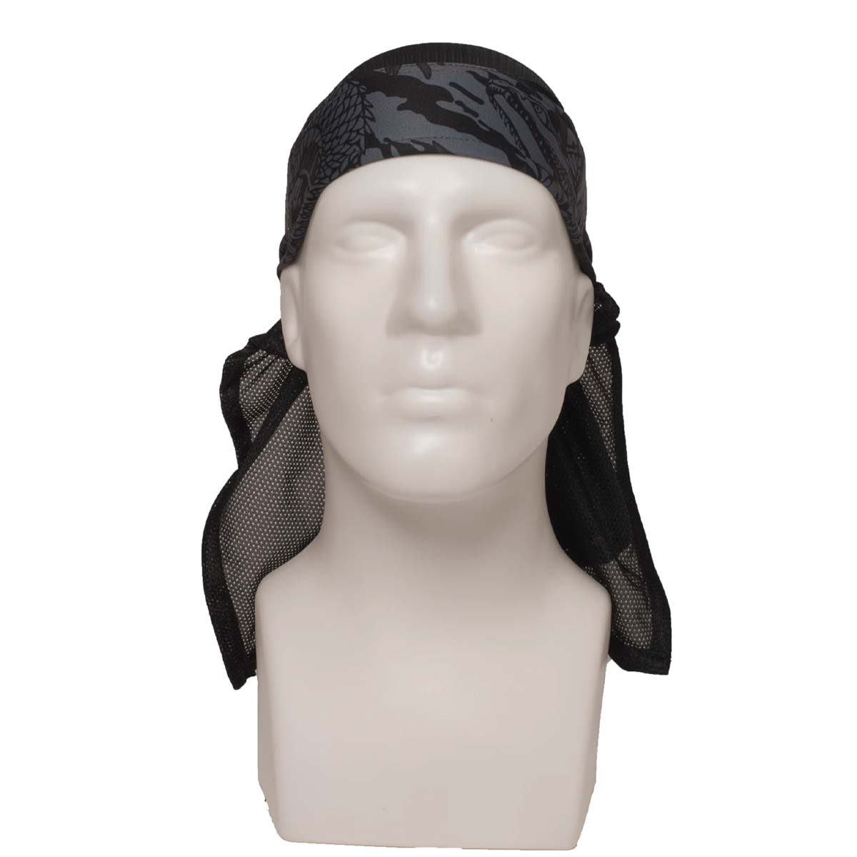 Front of HK Army Headwrap RYU Grey Black and gray patterned headscarf on a mannequin head against a white background