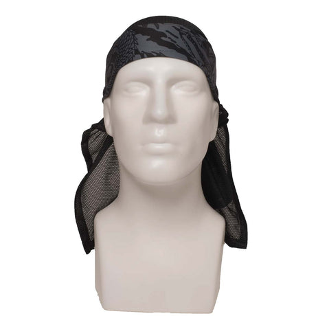 Front of HK Army Headwrap RYU Grey Black and gray patterned headscarf on a mannequin head against a white background