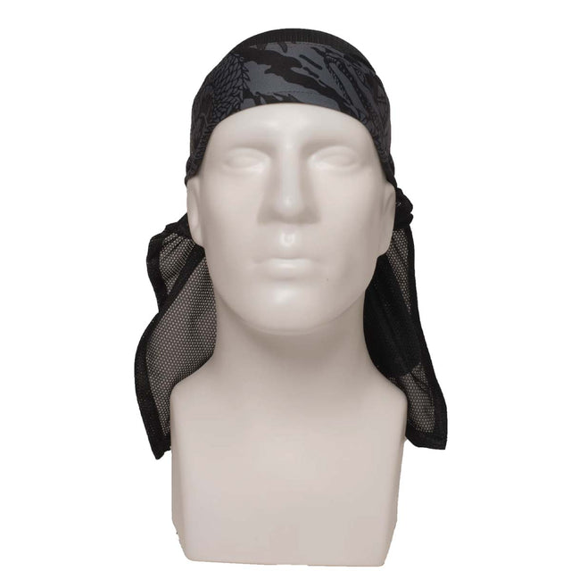 Front of HK Army Headwrap RYU Grey Black and gray patterned headscarf on a mannequin head against a white background