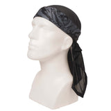 Left side of HK Army Headwrap RYU Grey Black and gray patterned headscarf on a mannequin head against a white background