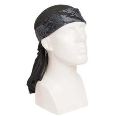 Right side of HK Army Headwrap RYU Grey Black and gray patterned headscarf on a mannequin head against a white background