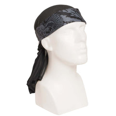 Right side of HK Army Headwrap RYU Grey Black and gray patterned headscarf on a mannequin head against a white background