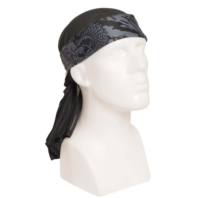 Right side of HK Army Headwrap RYU Grey Black and gray patterned headscarf on a mannequin head against a white background