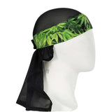 Black and green HK Army Headwrap with leaves on a mannequin head