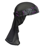 Right side of HK Army Headwrap RYU Purple Grey Black and purple patterned headscarf on a mannequin head against a white background
