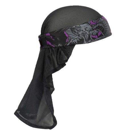 Right side of HK Army Headwrap RYU Purple Grey Black and purple patterned headscarf on a mannequin head against a white background