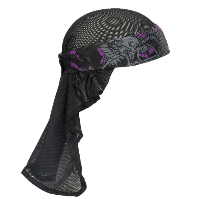 Right side of HK Army Headwrap RYU Purple Grey Black and purple patterned headscarf on a mannequin head against a white background