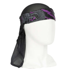 Front of HK Army Headwrap RYU Purple Grey Black and purple patterned headscarf on a mannequin head against a white background