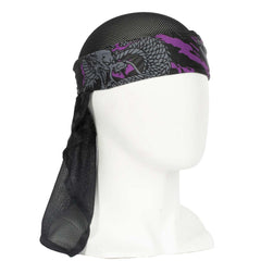Front of HK Army Headwrap RYU Purple Grey Black and purple patterned headscarf on a mannequin head against a white background