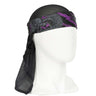 Front of HK Army Headwrap RYU Purple Grey Black and purple patterned headscarf on a mannequin head against a white background