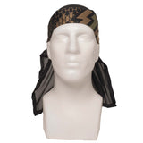 Front of Black, gold and tan HK Army Headwrap HSTL Camo on a mannequin head on a white background