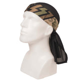 Left side of Black, gold and tan HK Army Headwrap HSTL Camo on a mannequin head on a white background