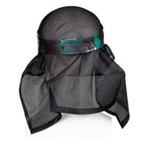 Back of HK Army Headwrap Shadow Mint Black and green patterned headscarf on a mannequin head against a white background