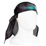 Front of HK Army Headwrap Shadow Mint Black and green patterned headscarf on a mannequin head against a white background