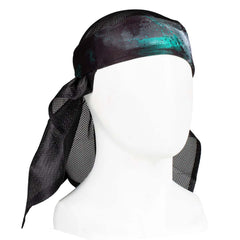 Front of HK Army Headwrap Shadow Mint Black and green patterned headscarf on a mannequin head against a white background